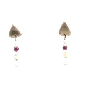 Vintage C FF Sterling Silver Drop Earrings with Rice Pearls and Garnet Beads